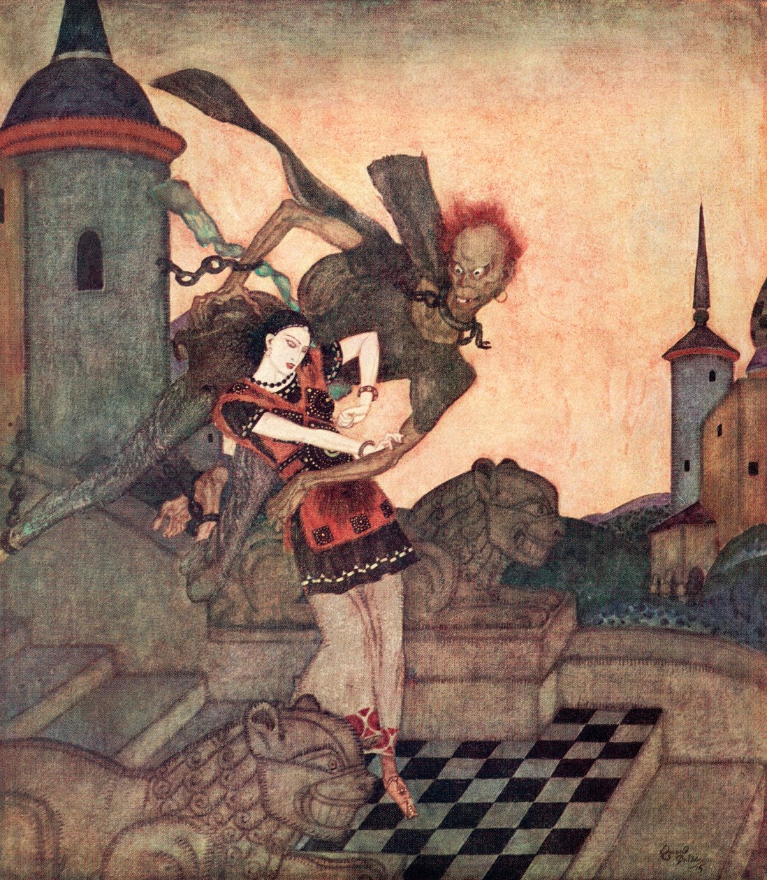 "Der Prinz, der hinausschaute, sah ihn die Prinzessin aufheben und schnell davonfliegen", Illustration aus dem serbischen Märchen Die Geschichte von Bashtchelik, aus Edmund Dulacs Märchenbuch: Märchen der Alliierten Nationen, veröffentlicht 1916 von Edmund Dulac