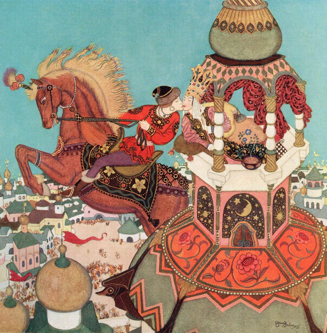 "Das kastanienbraune Pferd schien in der Luft zu verweilen, während dieser Kuss andauerte", Illustration aus dem russischen Märchen Iwan und das Kastanienbraune Pferd, aus Edmund Dulacs Märchenbuch: Märchen der Alliierten Nationen, veröffentlicht 1916 von Edmund Dulac