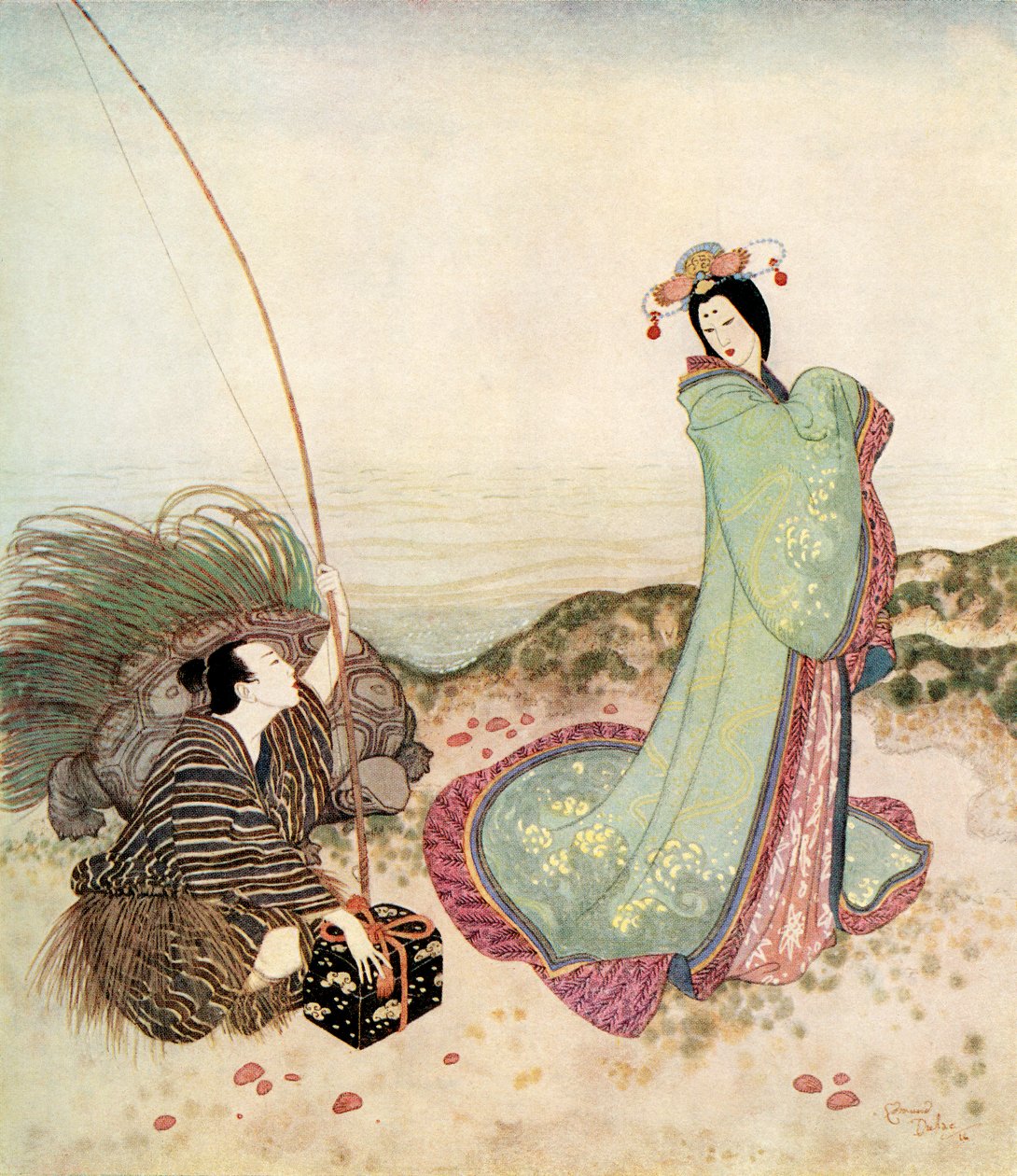 "Urashima war so verzaubert, dass er kein Wort sprechen konnte", Illustration aus dem japanischen Märchen Die Geschichte von Urashima Taro, aus Edmund Dulacs Märchenbuch: Märchen der Alliierten Nationen, veröffentlicht 1916 von Edmund Dulac