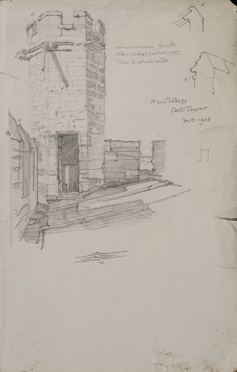 Skizze des Glockenturms am New College, zeigt Detail des bleigedeckten Dachs, 1908 Bleistift auf Papier von Edmund Hort New