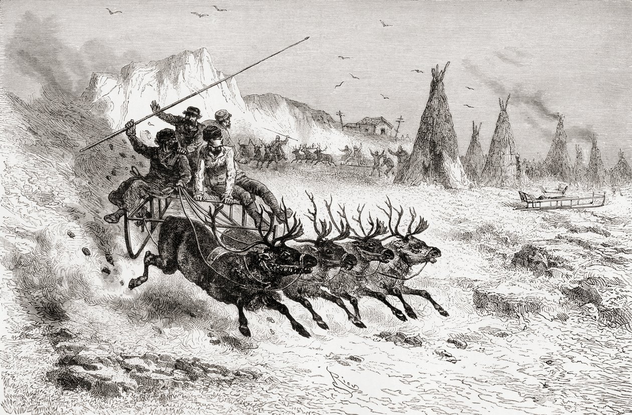 Samojeden aus Caborova auf einem von Rentieren gezogenen Schlitten, 1878 von Edouard Riou