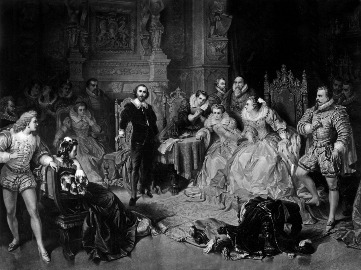 William Shakespeare (1564-1616) am Hof von Königin Elisabeth I., graviert von Pierre Cottin, ca. 1864 (Mezzotinto) von Edouard (after) Ender