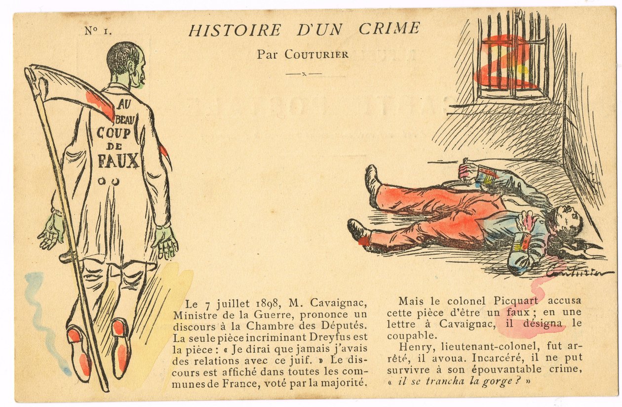 Postkarte, satirisch in Farben: Dreyfus-Affäre - Henry Colonel Illustration von Couturier von Edouard Couturier