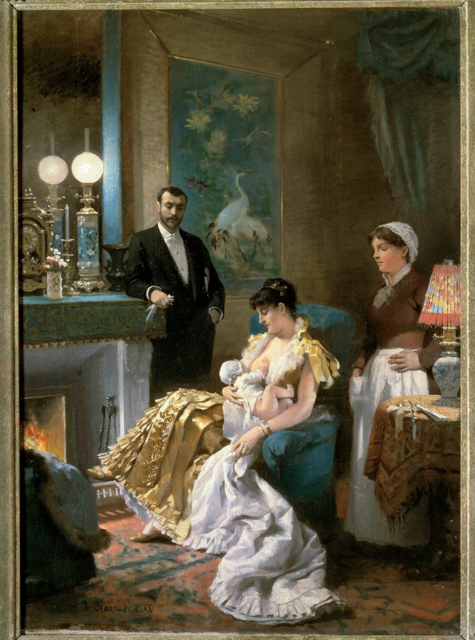 Vor dem Ball Eine Mutter im Abendkleid stillt ihr Baby, bevor sie mit ihrem Mann ausgeht und das Baby der Magd überlässt. Gemälde von Edouard Debat Ponsan (1847-1913). 1886. Museum der Schönen Künste Tours von Edouard Debat Ponsan