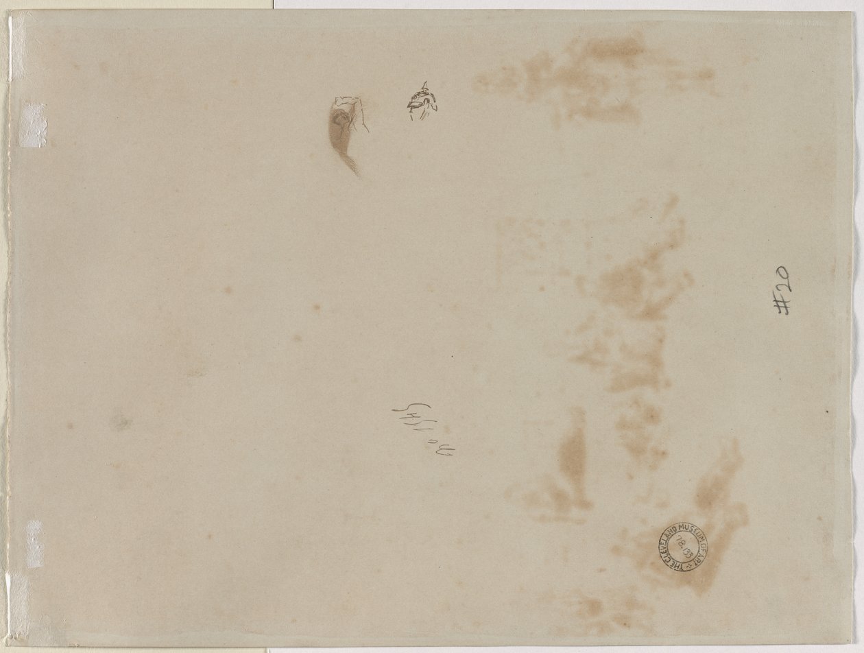 Skizze eines Mannes mit erhobenem Arm und Skizze eines Helms (verso) von Edouard Detaille