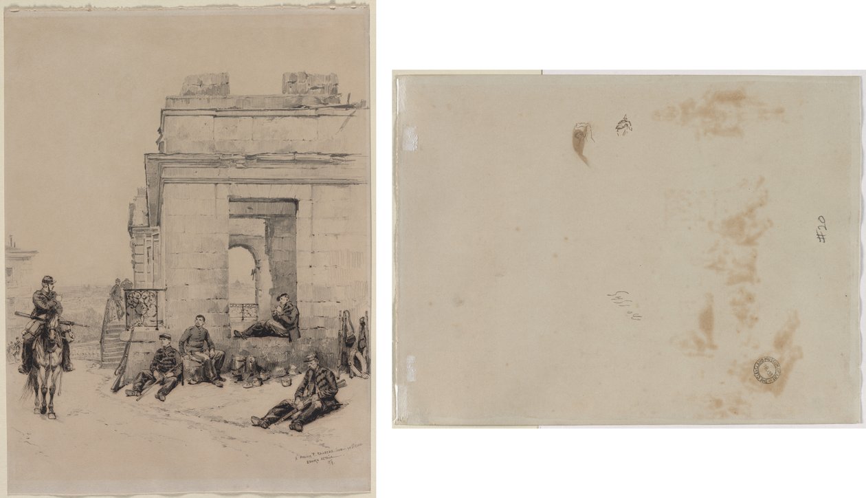 Rastende Soldaten (recto) Skizze eines Mannes mit erhobenem Arm und Skizze eines Helms (verso) von Edouard Detaille