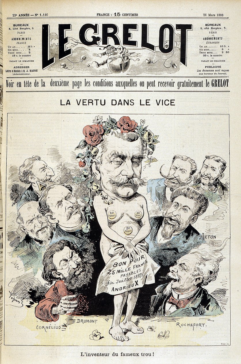 Karikatur über den Panama-Skandal: „Tugend im Laster: der Erfinder des berühmten Lochs!“ - Titelblatt „Le Grelot“ vom 26. März von Edouard Guillaumin Pepin