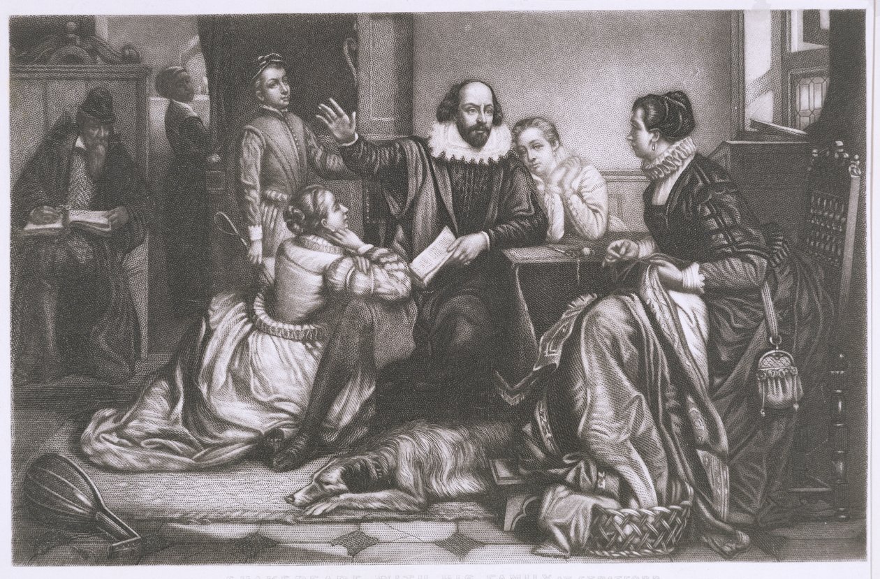 Shakespeare mit seiner Familie in Stratford, rezitiert die Tragödie Hamlet von Edouard Jean Conrad Hamman