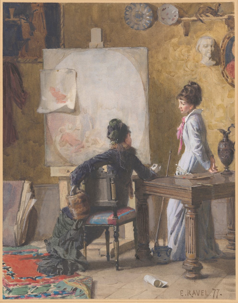 Adéle de Saussure und Marie-Louise Ravel, die Frau des Künstlers, in seinem Atelier von Edouard Ravel