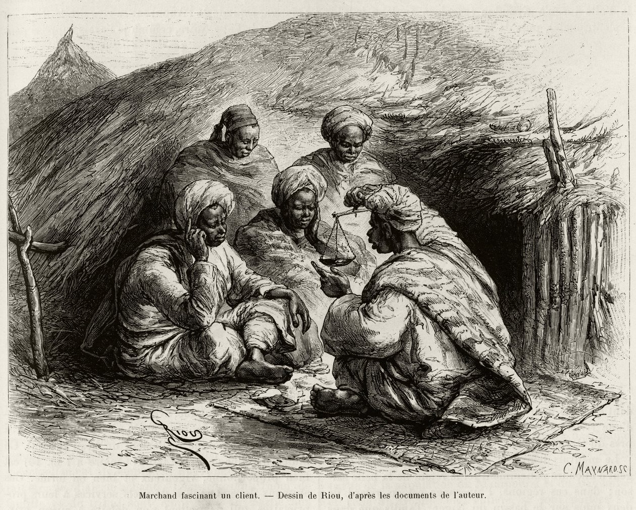 Ein Händler fasziniert einen Kunden, der auf dem Boden auf einer kleinen Matte sitzt und den Artikel mit einer Waage hält. Gravur von Riou zur Illustration der Geschichte „Vom Niger zum Golf von Guinea“ von Kapitän Louis Gustave Binger (1856-1936), 1887-1 von Edouard Riou