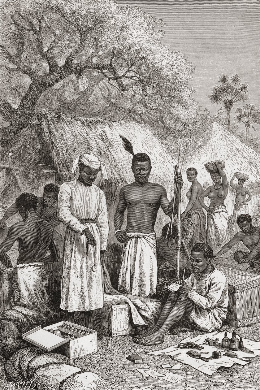 Abdullah Souzi, Jacob Wainright und James Chouma, Dr. David Livingstones drei Diener, die nach seinem Tod 1873 seinen Besitz inventarisieren, Illustration aus "Die Welt in den Händen", graviert von Charles Barbant von Edouard Riou