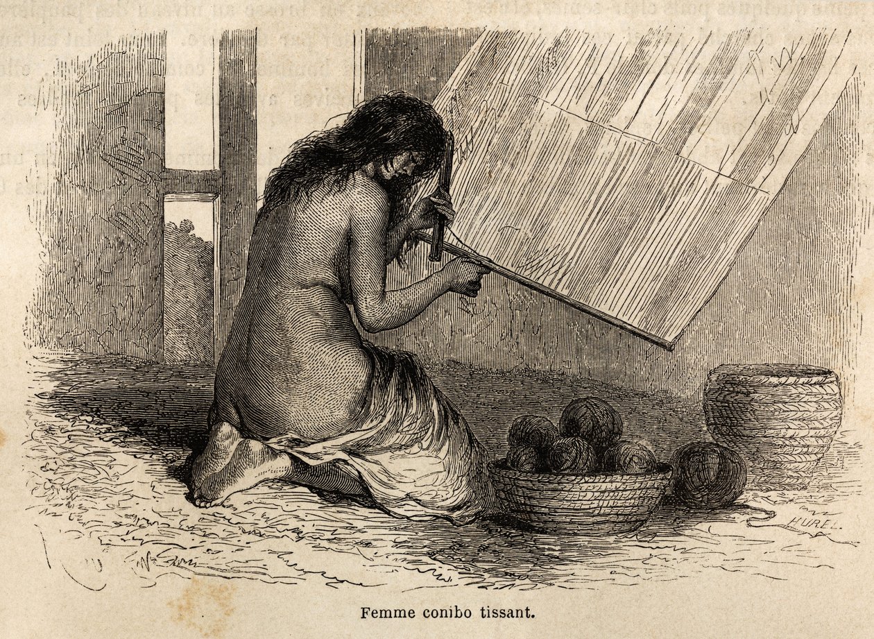 Ein Conibo-Indianer aus Peru beim Weben, Zeichnung von Riou zur Illustration der Reise von 1848 bis 1860 von P. Marcoy, vom Pazifik zum Atlantik. Gravur in „Le tour du monde“, herausgegeben von Edouard Charton von Edouard Riou