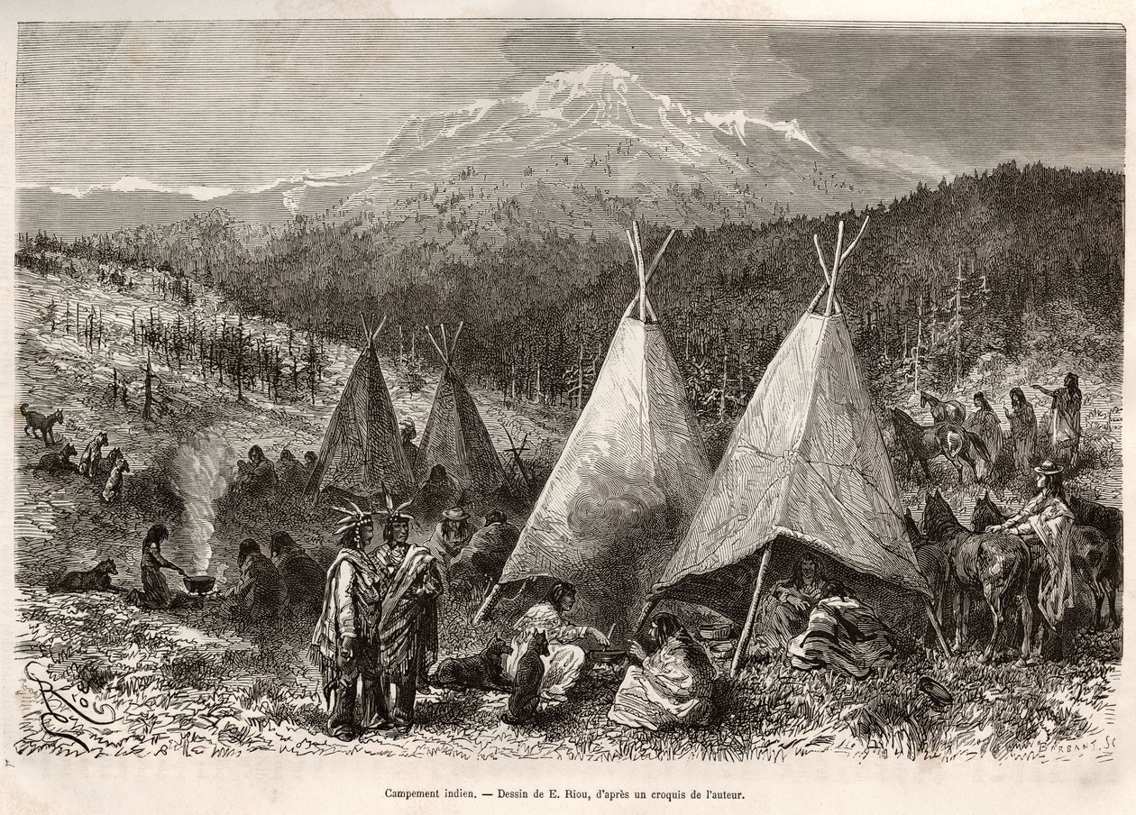 Ein Indianerlager im Utah-Territorium, am Ufer des Riviere Verte. Gravur nach der Zeichnung von E. Riou, um die Geschichte La conquete blanche von William Hepworth Dixon in 1875 zu illustrieren, veröffentlicht in "Le tour du monde" 1876, herausgegeben von  von Edouard Riou