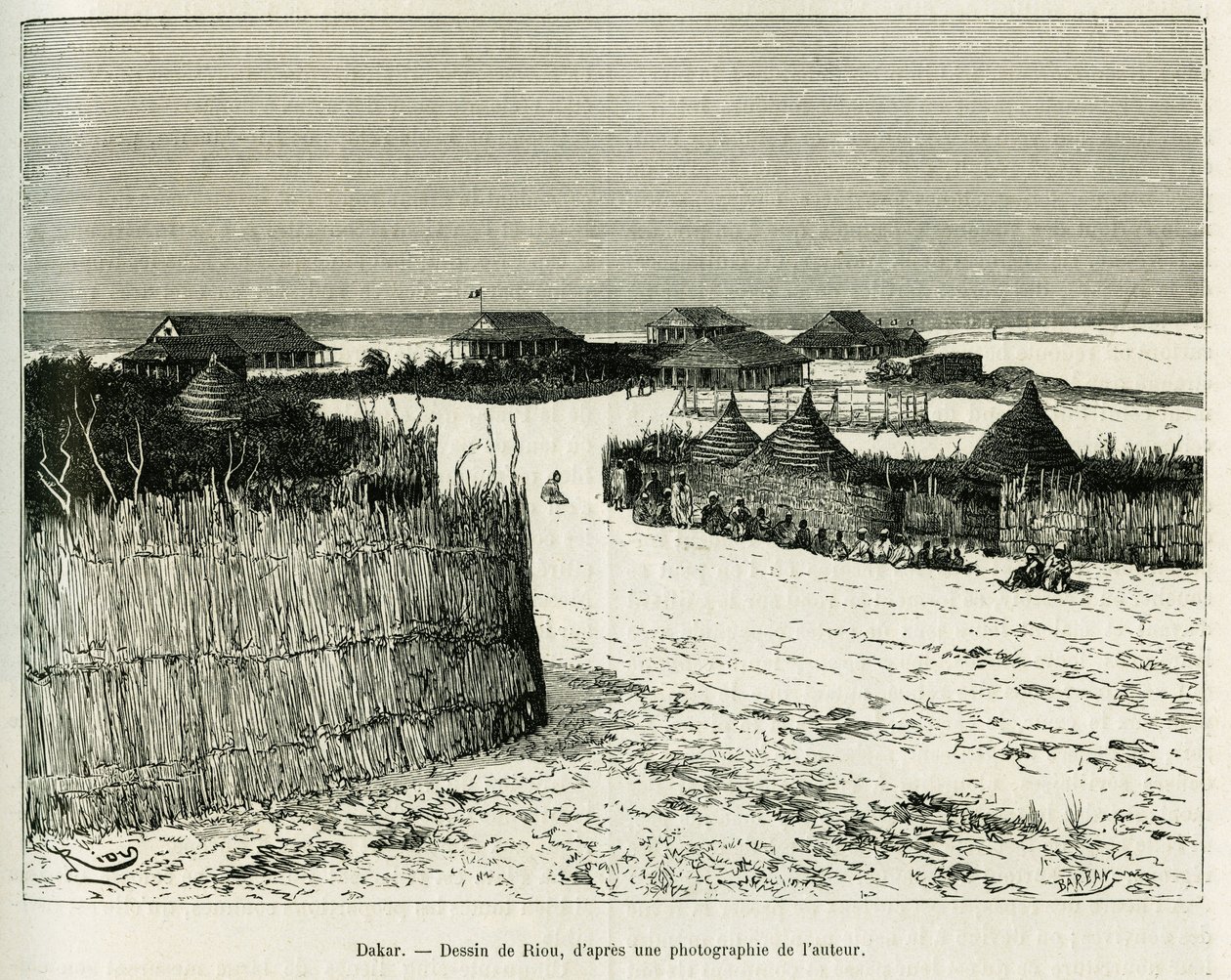 Dakar. Gravur von Riou zur Illustration der Geschichte „Reise nach La Plata, drei Monate Urlaub“ von Emile Blaireaux 1886, in Le Tour du monde 1887, unter der Leitung von Edouard Charton (1807-1890), Hachette, Paris. von Edouard Riou