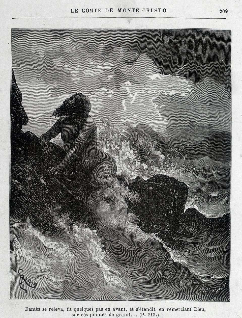 Dantès entkommt schwimmend - Gravur von Riou, in „Der Graf von Monte Cristo“ von A. Dumas, ed. Jules Rouff & Cie von Edouard Riou