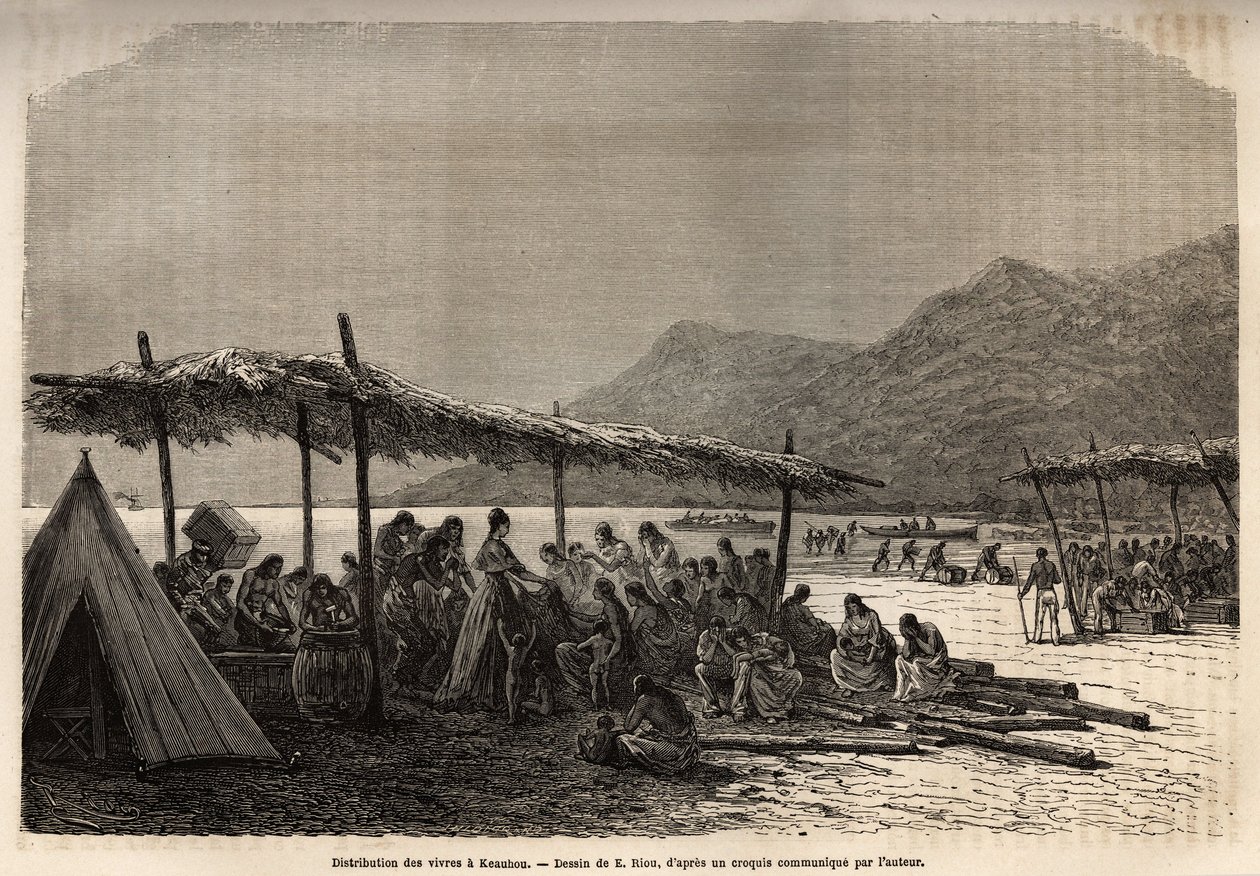 Verteilung von Lebensmitteln in Keauhou, nach dem Erdbeben und Vulkanausbruch von 1868, für die Opfer der Katastrophe, graviert nach der Zeichnung von E. Riou, zur Illustration der Reise zu den Sandwich-Inseln, 1855-1869, von C. de Varigny, veröffentlicht  von Edouard Riou