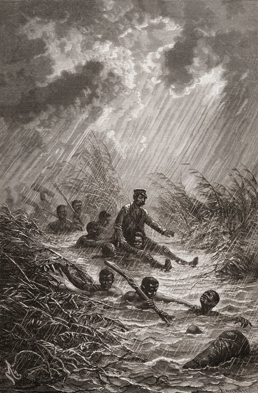 Dr. David Livingstone wird während seiner Expedition nach Afrika 1872 von Trägern durch einen Sumpf getragen, Illustration aus „Die Welt in den Händen“, graviert von Charles Laplante von Edouard Riou