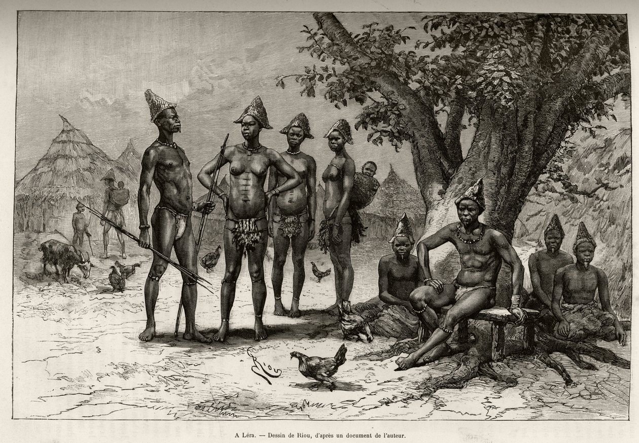 In Lera (oder Dera, Niger), Typen von Mandes. Gravur von Riou zur Illustration der Geschichte „Vom Niger zum Golf von Guinea“ von Hauptmann Louis Gustave Binger (1856-1936), veröffentlicht in Le Tour du monde von Edouard Riou