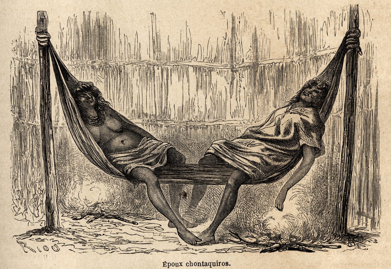 Indische Ehemänner Chontaquiros aus Peru schlafen in ihrer Brauthängematte, Zeichnung von Riou zur Illustration der Reise von 1848 bis 1860 von P. Marcoy, vom Pazifik zum Atlantik. Gravur in „Le tour du monde“, herausgegeben von Edouard Charton von Edouard Riou