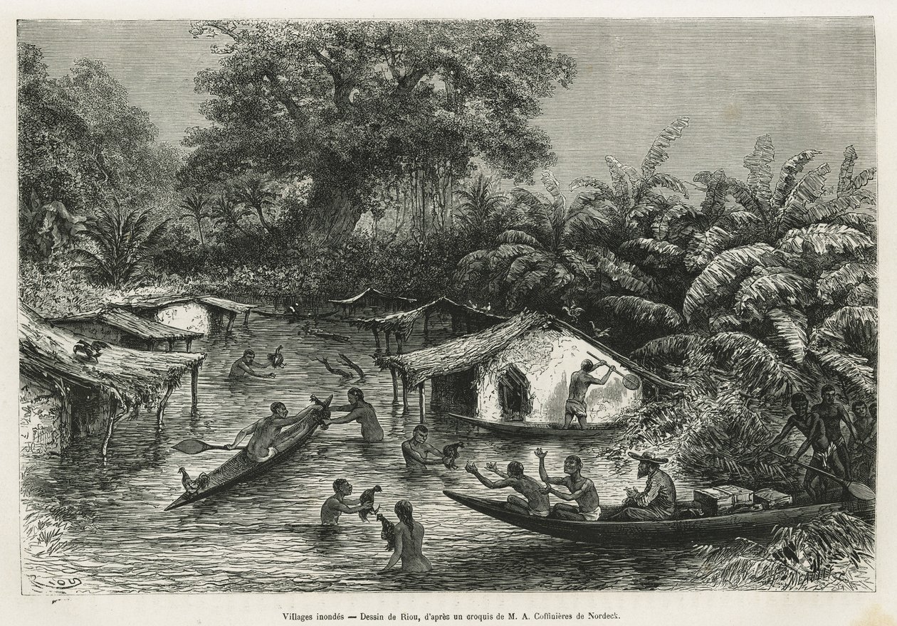 Überflutete Dörfer, Zeichnung von Riou, um die Geschichte einer Reise nach Gabun und zum Ogoue-Fluss in 1875-1877 von Alfred Marche zu illustrieren. Gravur in Le tour du monde von Edouard Riou
