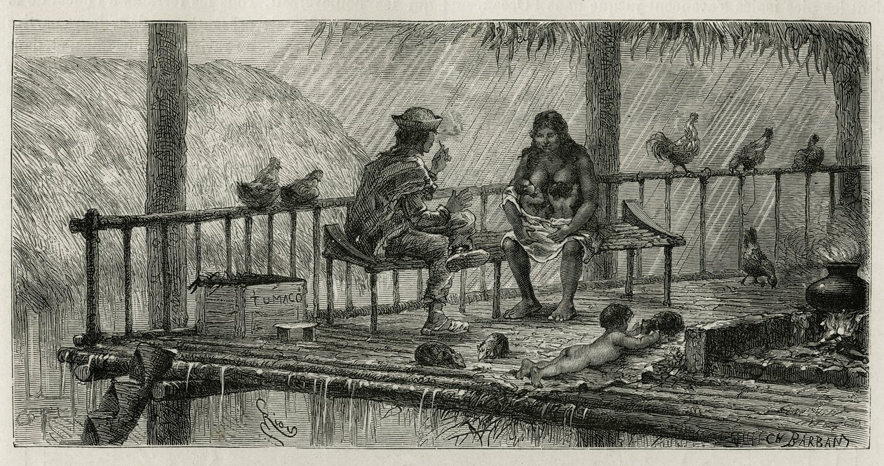 Innenszene in San Pablo, eine Familie, die sich vor dem Regen schützt, der Vater raucht eine Zigarillo, die Mutter stillt zwei Babys, und das Kind spielt mit einem kleinen Tier, auf dem Boden auf einer Tierhaut liegend, Illustration von Riou von Edouard Riou