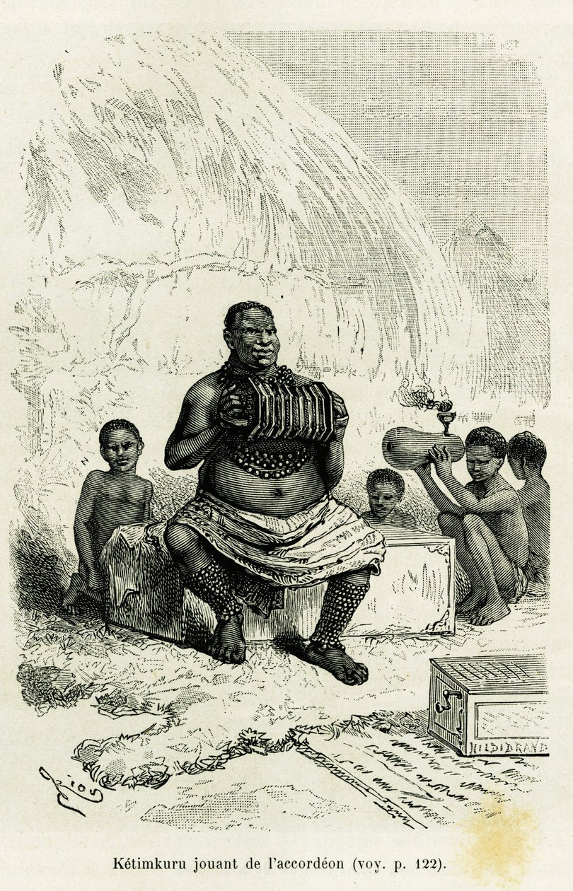 Ketimkuru, Stammesführer, spielt Akkordeon. Gravur von Riou zur Illustration der Geschichte Les lacs de l