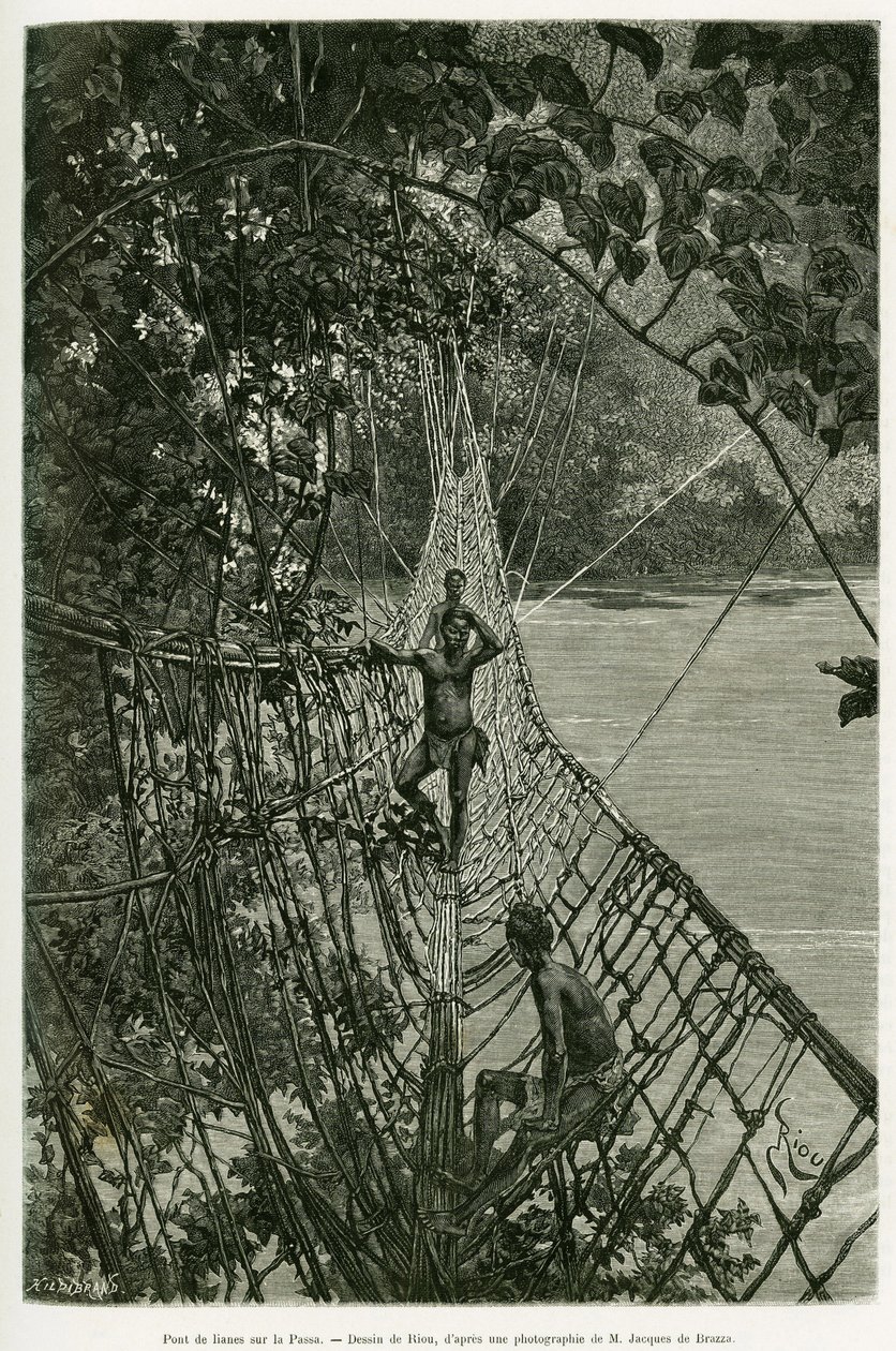 Lianenbrücke über den Passa. Gravur von Riou zur Illustration der Geschichte Voyages dans l