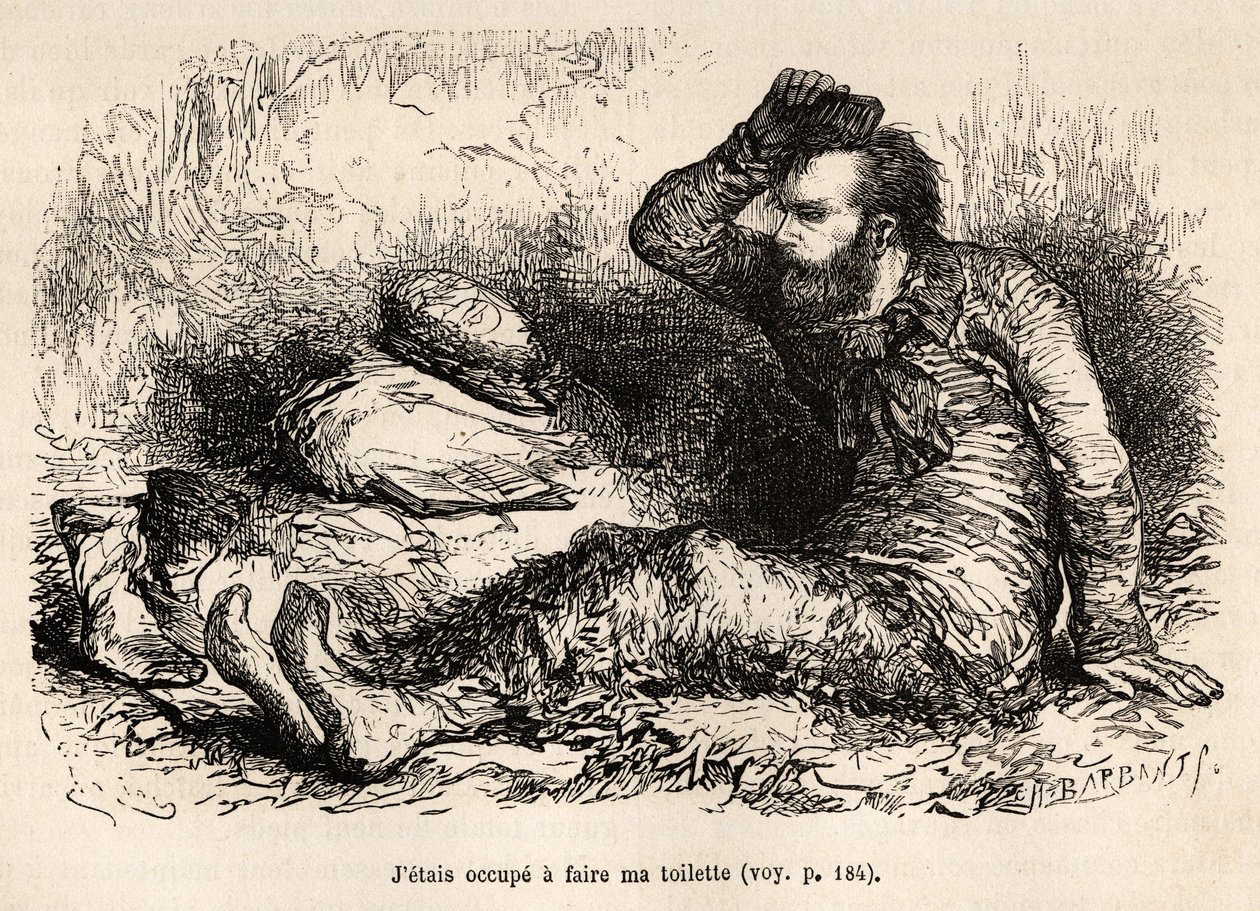 Leutnant Tyson bei seiner morgendlichen Toilette, ein Kamm vor dem Anziehen seiner Stiefel, Radierung nach einer Zeichnung von E. Riou, die die Geschichte des Polaris-Eisfloßes von Leutnant Tyson in 1870-1873 illustriert, veröffentlicht in "Le tour du mond von Edouard Riou