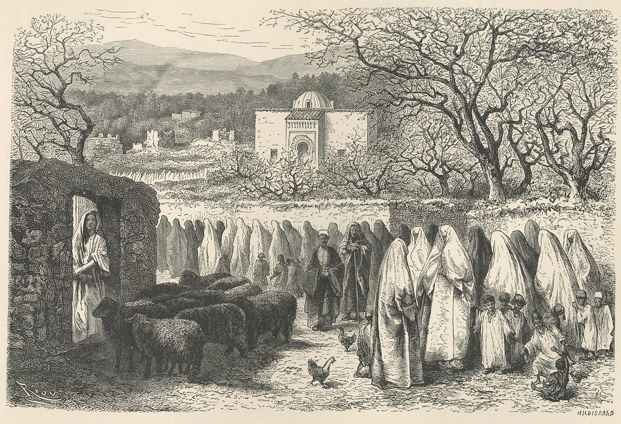 Marabout und Prozession: Tlemcen, graviert von Henri Theophile Hildibrand (1824-97) von Edouard Riou