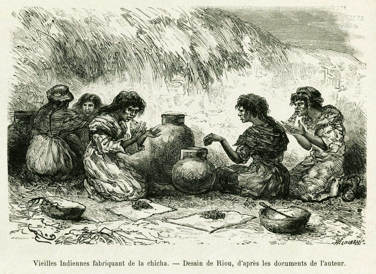 Alte indische Frauen machen Shisha. Gravur von Riou zur Illustration der Geschichte Voyage dans le delta du Pilcomayo et de Buenos Aires a Sucre von Edouard Riou