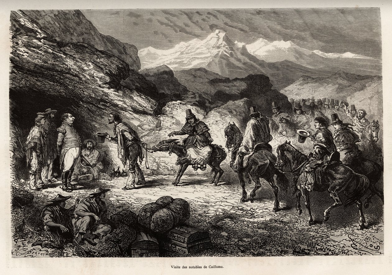 P. Marcoy findet einen Freund, der zum Genie-Oberst und Posten in einer Höhle in der Nähe des Sees von Cailloma wurde, zusammen empfangen sie den Besuch der Honoratioren der Stadt, geätzt nach einer Zeichnung von E. Riou, zur Illustration der Reise in die  von Edouard Riou
