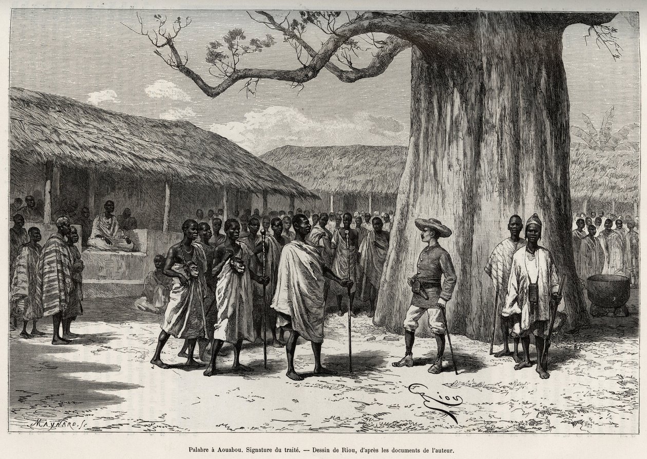 Palaver in Aouabou (Elfenbeinküste). Unterzeichnung des Handelsabkommens am Hof von Anno, mit einem Porträt des Autors. Gravur von Riou, zur Illustration der Geschichte „Vom Niger zum Golf von Guinea“ von Hauptmann Louis Gustave Binger (1856-1936), 1887-18 von Edouard Riou