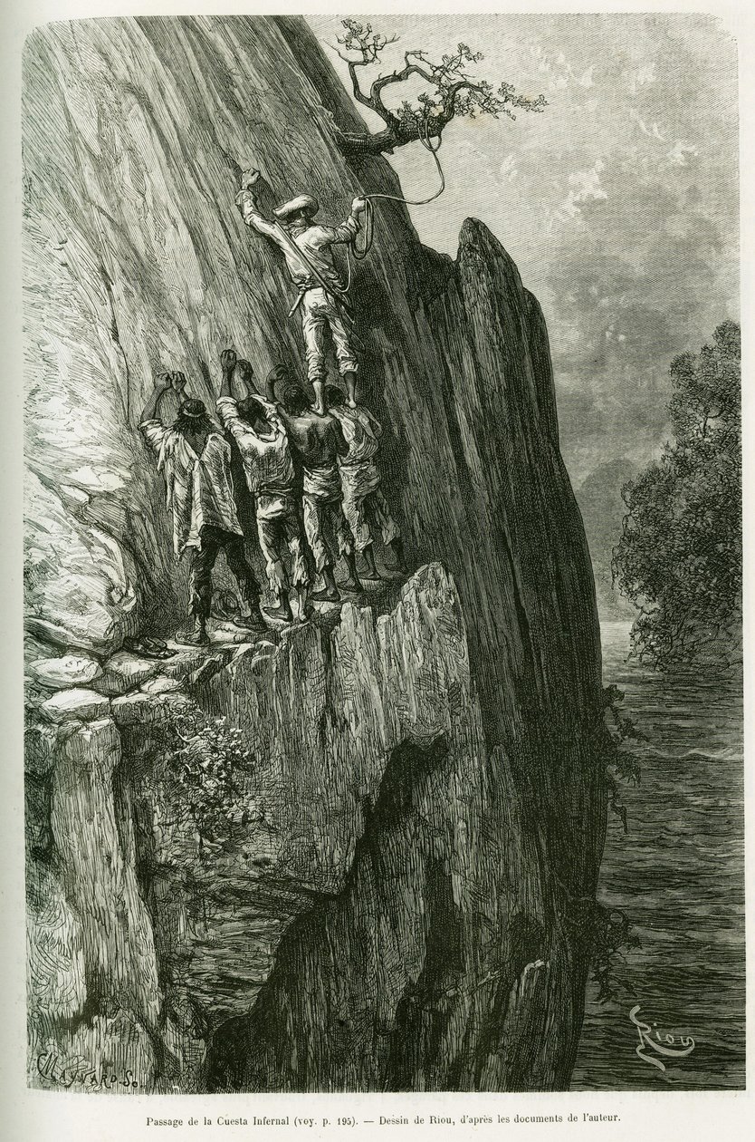 Passage der Cuesta Infernal. Gravur von Riou zur Illustration der Geschichte Voyage dans le delta du Pilcomayo et de Buenos Aires a Sucre von Edouard Riou