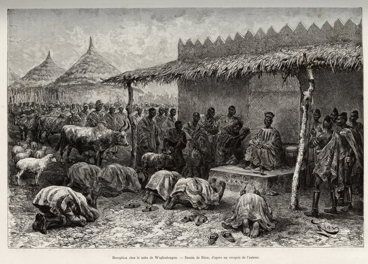 Empfang beim Naba Sanem, aus dem Mossi-Königreich von Waghadougou (Ouagadougou, Burkina Faso). Gravur von Riou, zur Illustration der Geschichte 