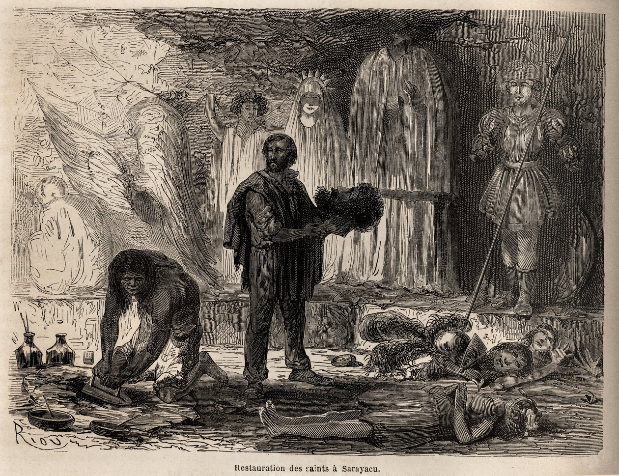 Restaurierung von Heiligenstatuen in Sarayacu (Peru), Zeichnung von Riou, zur Illustration von Paul Marcoys Reise vom Pazifik zum Atlantik von 1848 bis 1860. Gravur in 
