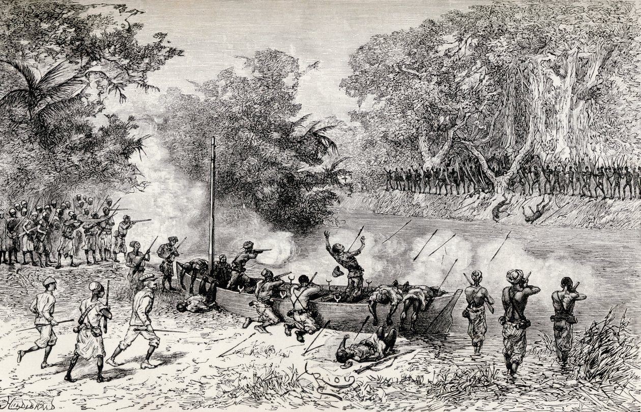 Sir Henry Morton Stanleys Emin-Pascha-Entlastungsexpedition wird von Avisibba-Kannibalen mit vergifteten Pfeilen angegriffen, 1890 (Holzstich) von Edouard Riou