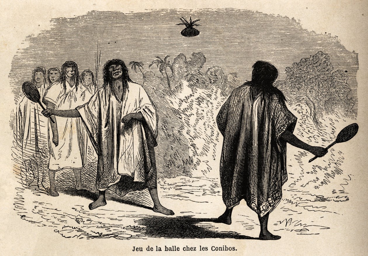 Das Ballspiel, unter den indischen Conibos von Peru, Zeichnung von Riou zur Illustration der Reise von 1848 bis 1860 von P. Marcoy, vom Pazifischen Ozean zum Atlantischen Ozean. Gravur in „Le tour du monde“, herausgegeben von Edouard Charton von Edouard Riou