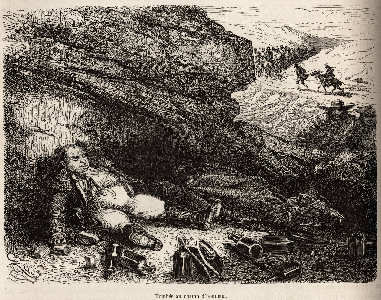 Der Oberst des Genies und sein Adjutant, betrunken nach dem kleinen Fest, das von den Notablen von Cailloma gegeben wurde, verstecken sich hinter den Felsen, der Erzähler und sein Reisebegleiter, im Hintergrund kehrt die Truppe der Notablen nach Hause zurü von Edouard Riou