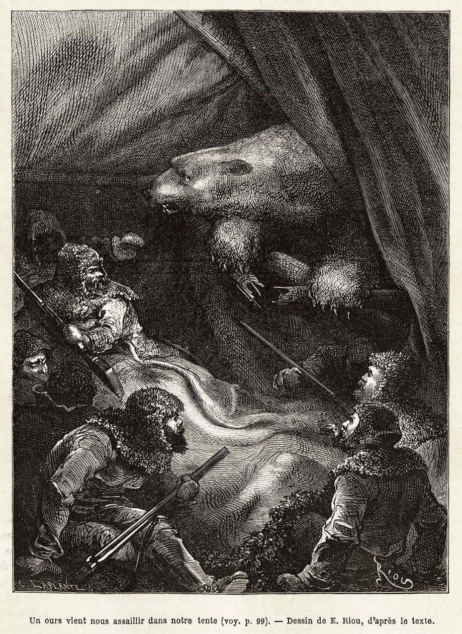 Die Besatzung des Schiffes La Germania, auf dem Eis für ein Jagdspiel abgestiegen, errichtete ein Zelt zum Biwak, das von einem Eisbären besucht wird, als die Männer sich niederlegen wollten, graviert nach der Zeichnung von E. Riou, zur Illustration einer  von Edouard Riou