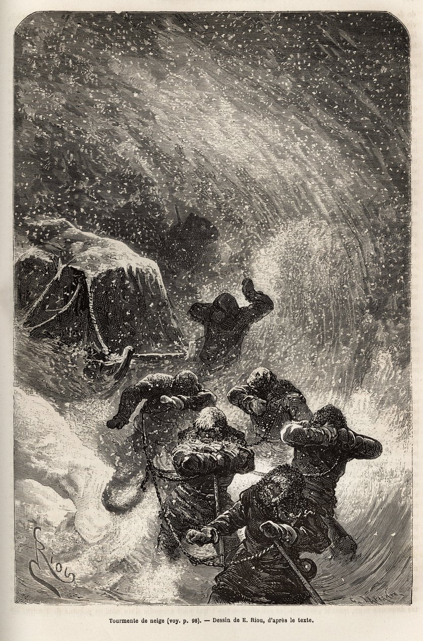 Die Besatzung des Schiffes La Germania, die auf dem Eis für ein Jagdspiel abgestiegen war, wurde von einem Schneesturm überrascht, während sie den Schlitten mit ihrem Material schleppte, Gravur nach der Zeichnung von E. Riou, zur Illustration einer Reise z von Edouard Riou