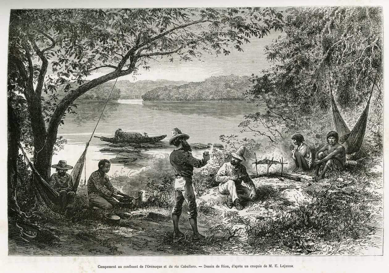 Das Lager der Entdecker, an der Mündung des Orenoque und des Cabullero-Flusses. Gravur von Riou, zur Illustration der Entdeckungsreise durch Neugranada und Venezuela, von Dr. Crevaux, erstklassiger Marinearzt und E.Lejeanne, Marinepharmazeut von Edouard Riou