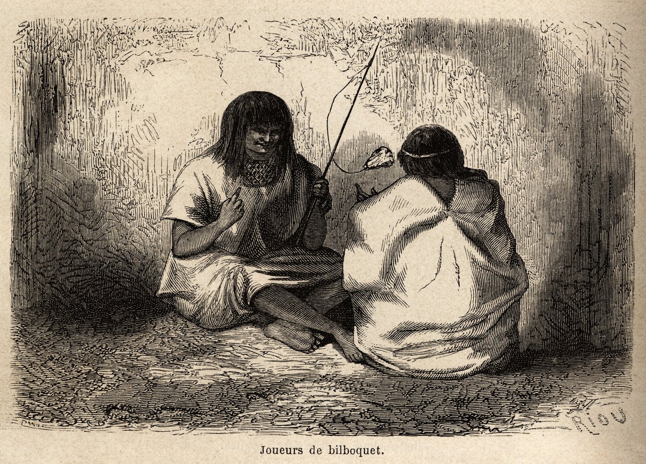 Das Spiel des Bilboquet, mit einem Schildkrötenkopf, unter den Conibos-Indianern von Peru, Zeichnung von Riou zur Illustration der Reise von 1848 bis 1860 von P. Marcoy, vom Pazifischen Ozean zum Atlantischen Ozean. Gravur in „Le tour du monde“, herausgege von Edouard Riou