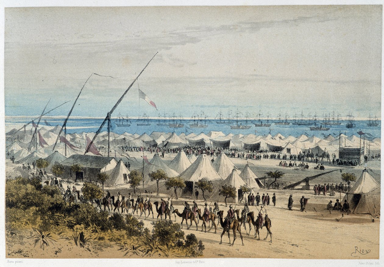 Der Hafen von Ismalia und das Lager der Gäste bei der Einweihung des Suezkanals - in „Durch den Isthmus von Suez“ von Riou, Marius Fontaine von Edouard Riou