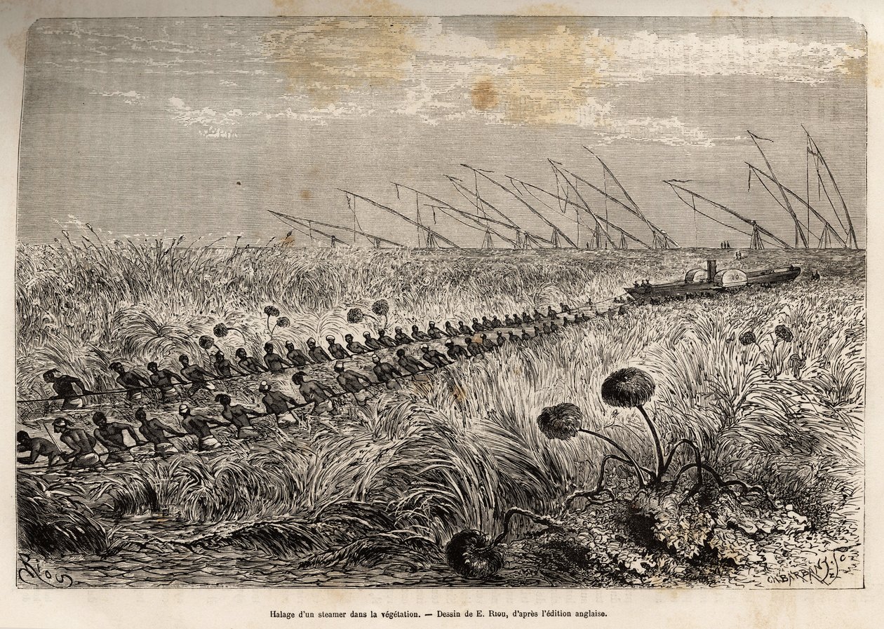 Das Schleppen eines Dampfers durch die Vegetationsflöße, die den Hohlkanal überwuchern, um einen Sumpf zu verlassen, geätzt nach einer Zeichnung von E. Riou, zur Illustration einer bewaffneten Expedition in Zentralafrika, zur Unterdrückung des Schwarzhande von Edouard Riou