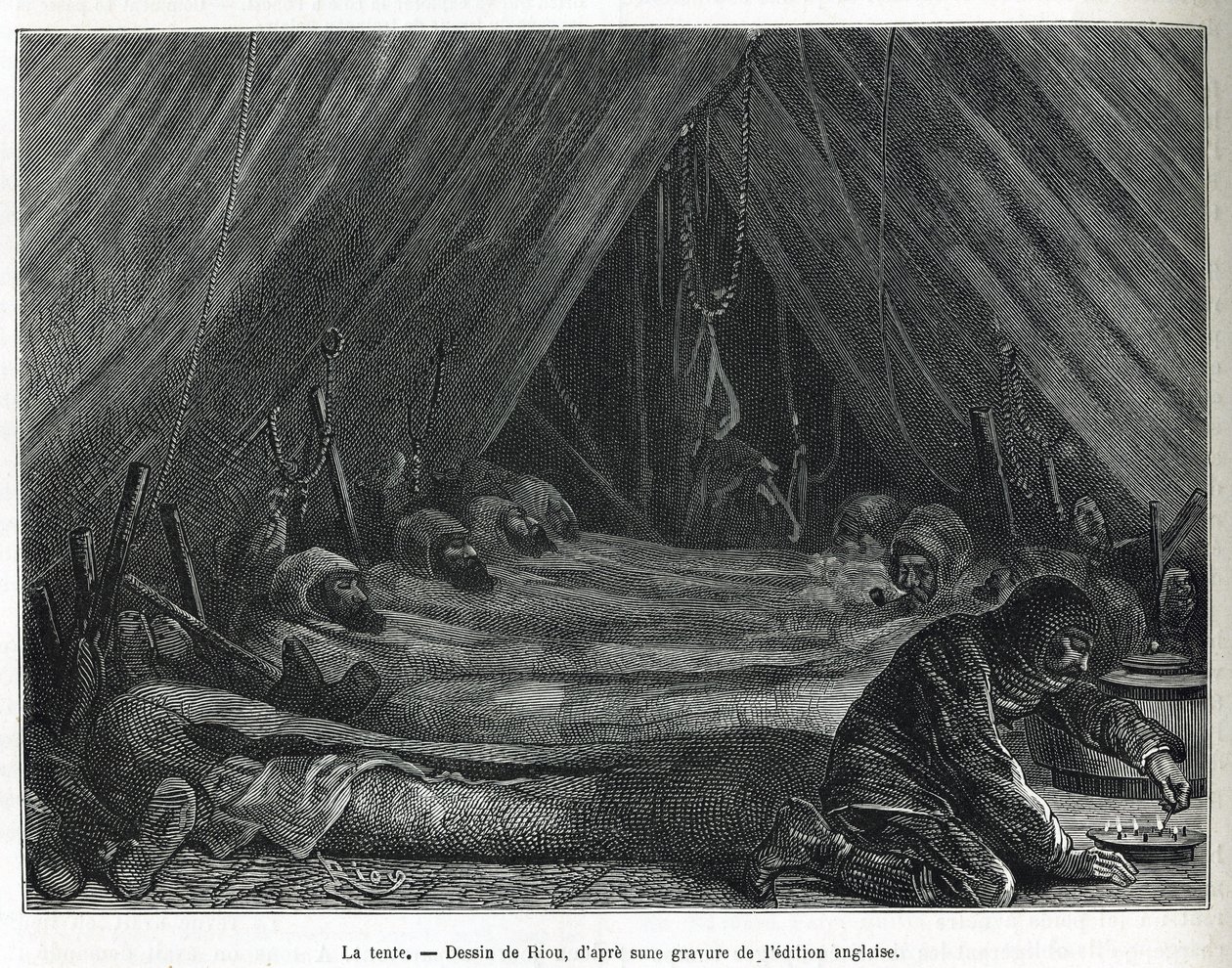 Das Innere des Zeltes auf der Eisscholle, Zeichnung von Riou, um die Geschichte einer Reise zum Polarmeer in 1875-1876 von Kapitän G. S. Nares (1831-1915) zu illustrieren. Gravur in Le tour du monde von Edouard Riou