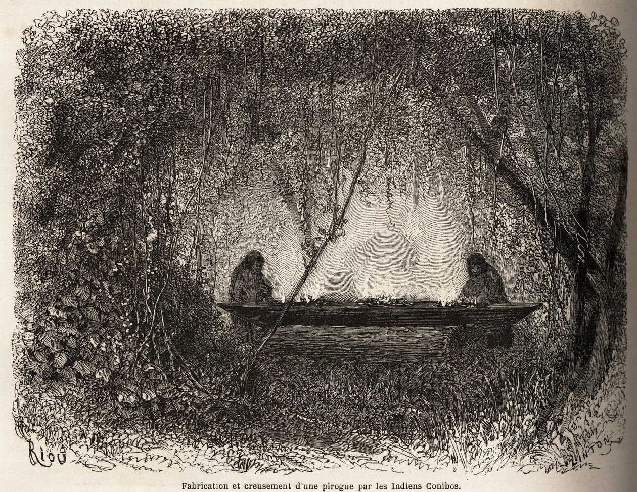 Die Herstellung eines Kanus, evakuiert durch Feuer, von den Conibo-Indianern von Peru, Zeichnung von Riou zur Illustration der Reise von 1848 bis 1860 von P. Marcoy, vom Pazifik zum Atlantik. Gravur in „Le tour du monde“, herausgegeben von Edouard Charton von Edouard Riou
