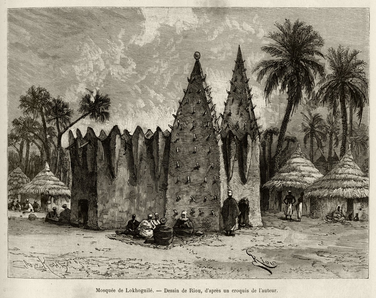 Die Moschee von Lokhognile (Golf von Guinea). Gravur von Riou zur Illustration der Geschichte „Vom Niger zum Golf von Guinea“ von Kapitän Louis Gustave Binger (1856-1936), 1887-1889, in Le tour du monde, nouveau journal des voyages, unter der Leitung von von Edouard Riou
