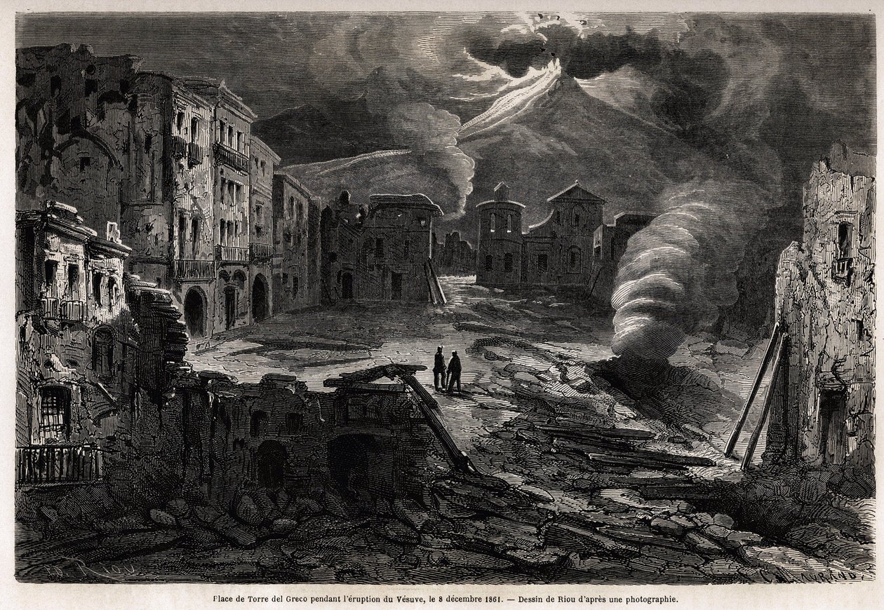 Der Platz von Torre del Greco, während des Ausbruchs des Vesuvs, 8. Dezember 1861, Zeichnung von Riou zur Illustration der Spaziergänge rund um Neapel von Marc Monnier, im Jahr 1862. Gravur in „Le tour du monde“, herausgegeben von Edouard Charton von Edouard Riou