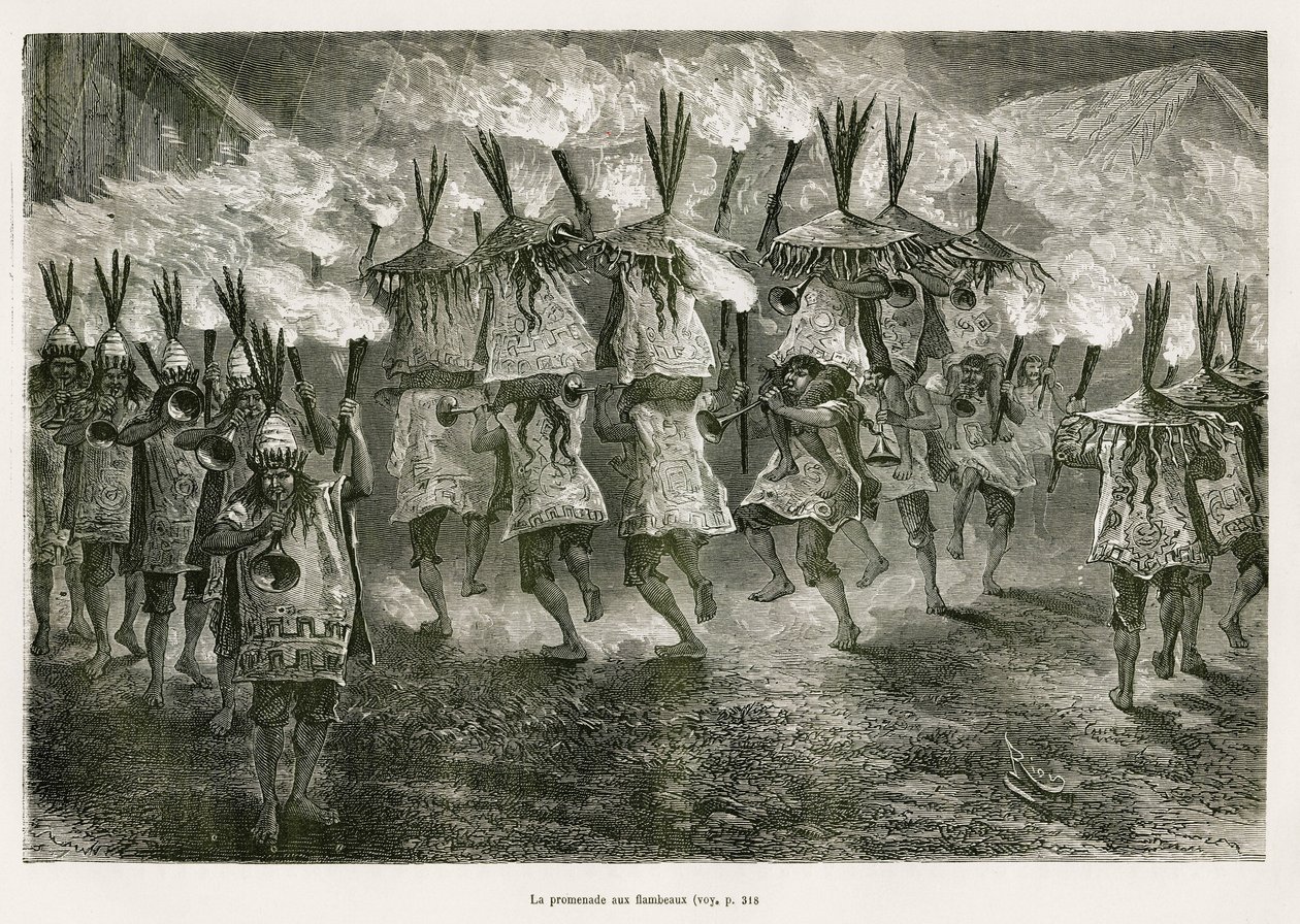 Der Fackelzug durch die Straßen von San Jose, Zeichnung von E. Riou, um die Reise in die Region Titicaca und die Täler des Ostens von Unterperu in 1873 von Paul Marcoy zu illustrieren. Gravur in Le tour du monde von Edouard Riou