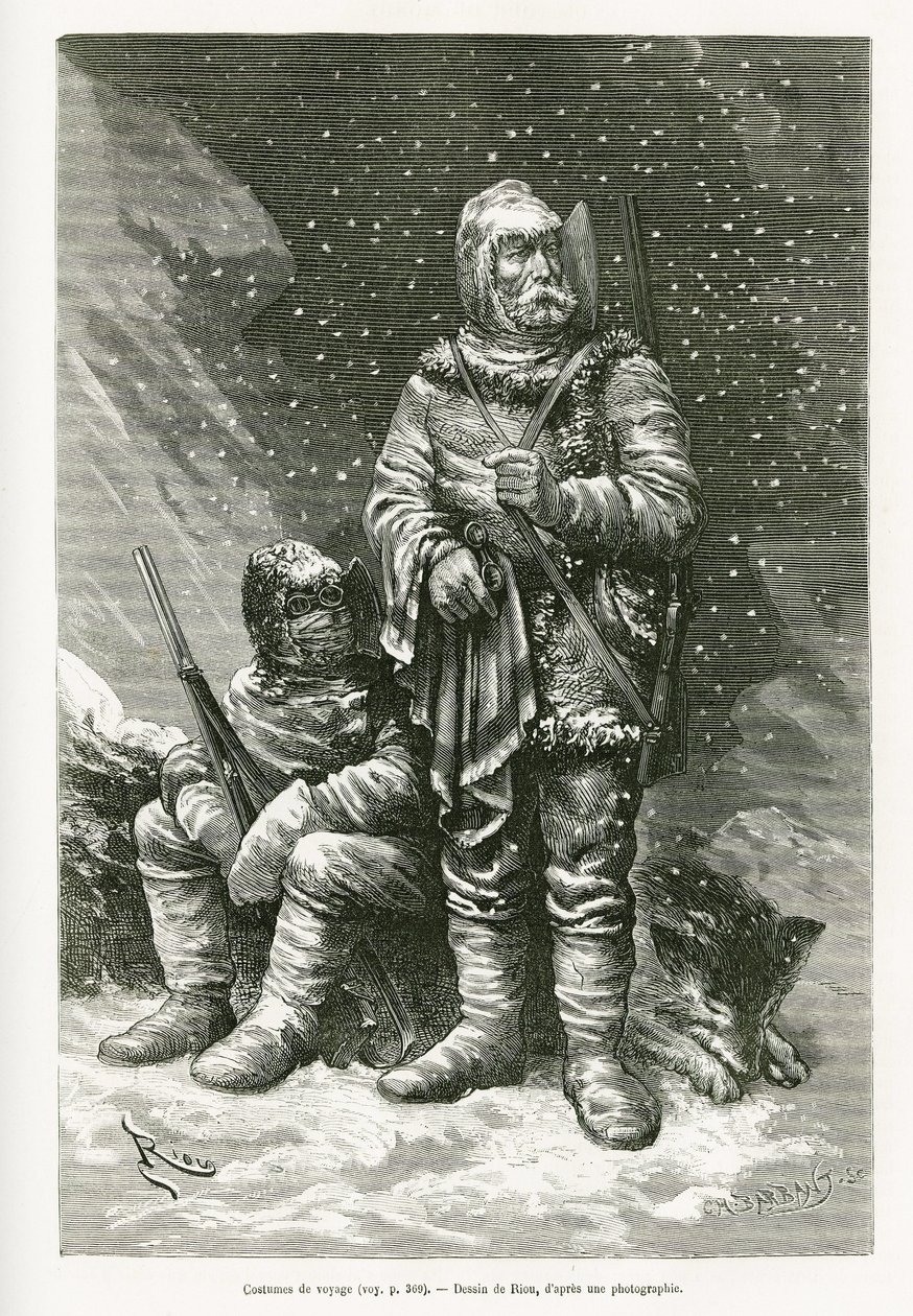 Die Reisetracht von Leutnant Payer und Leutnant Weyprecht, mehrere Kleidungsschichten, um den Schneestürmen zu trotzen, eine einziehbare Lederjacke, um das Gesicht vor Frost zu schützen, Stiefel und Fäustlinge aus Segeltuch und Flanell und schwere Brillen. von Edouard Riou
